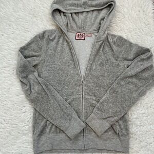 Juicy Couture Gray Velour Zip Up Hoodie Metallic JC Logo Graphic Back Y2K Size L